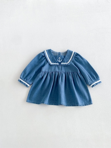 Spring and Autumn Infant Baby Girls Long Sleeves Navy Collar Denim Dress Wholesale Spring and Autumn Infant Baby Girls Long Sleeves Navy Collar Denim Dress Wholesale
