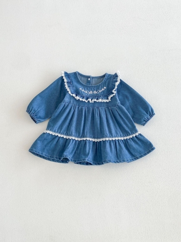 Spring and Autumn Infant Baby Girls Long Sleeves Flowers Embroidered Denim Dress Wholesale Spring and Autumn Infant Baby Girls Long Sleeves Flowers Embroidered Denim Dress Wholesale