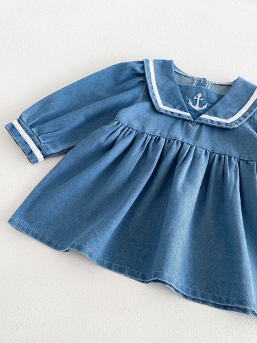 Spring and Autumn Infant Baby Girls Long Sleeves Navy Collar Denim Dress Wholesale
