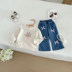 Autumn Infant Baby Kids Girls Long Sleeves Flowers Pattern Pullover and Denim Jeans Clothing Sets Wholesale
