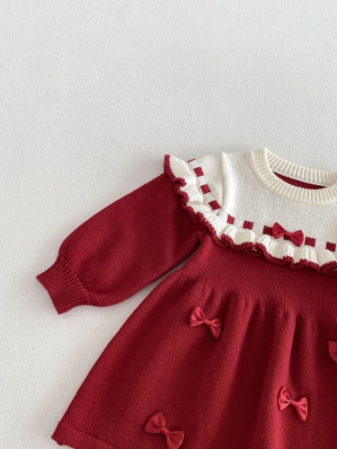 Winter and Autumn Infant Baby Girls Long Sleeves Butterfly-bows Knitted Dress Wholesale