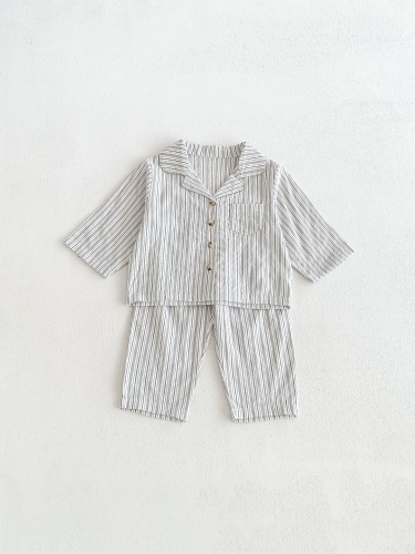 Autumn Infant Baby Kids Long Sleeves Striped Pattern Single Breasted Shirt and Pants Pajamas Clothing Sets Wholesale