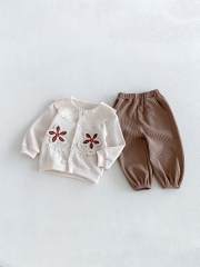 Autumn Infant Baby Kids Girls Long Sleeves Flowers Pattern Cardigan and Waffle Grid Pants Clothing Sets Wholesale