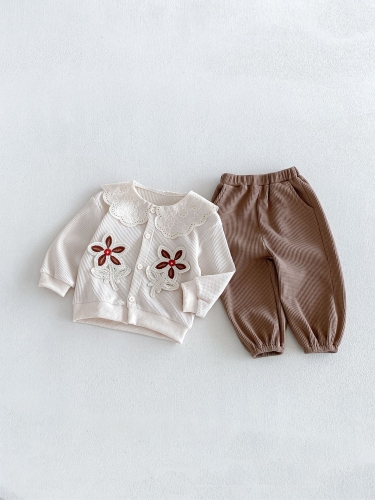 Autumn Infant Baby Kids Girls Long Sleeves Flowers Pattern Cardigan and Waffle Grid Pants Clothing Sets Wholesale