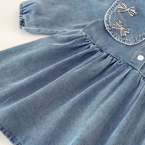 Spring and Autumn Infant Baby Girls Long Sleeves Butterfly-bows Decorated Denim Dress Wholesale