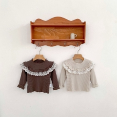 New Arrival Spring and Autumn Infant Baby Kids Girls Long Sleeves Knitted Lace Trim Top Wholesale