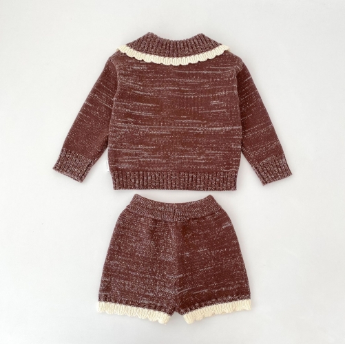 Winter Infant Baby Kids Girls Color Patchwork Long Sleeves Cardigan and Flowers Pattern Shorts Knitted Clothing Sets Wholesale