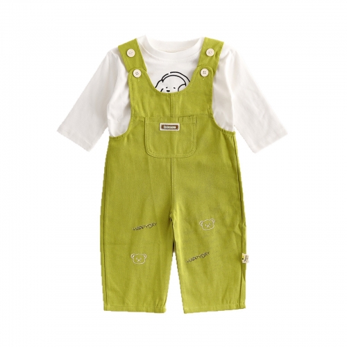 Autumn Infant Baby Kids Girls Long Sleeves Cartoon Top and Green Strap Overalls Clothing Sets Wholesale Autumn Infant Baby Kids Girls Long Sleeves Cartoon Top and Green Strap Overalls Clothing Sets Wholesale